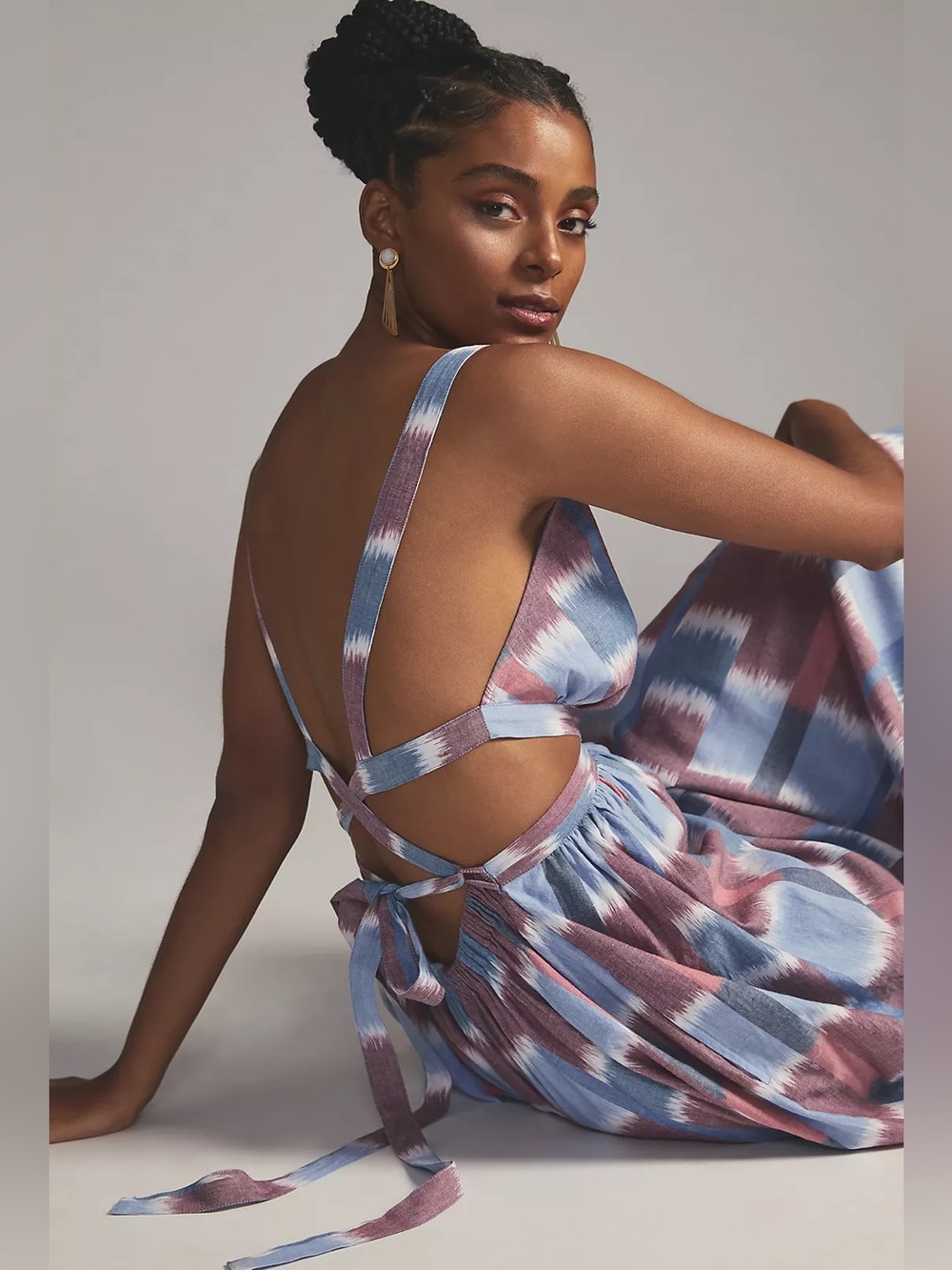 Anthropologie Blue and Mauve Backless Tie-Back Maxi Dress